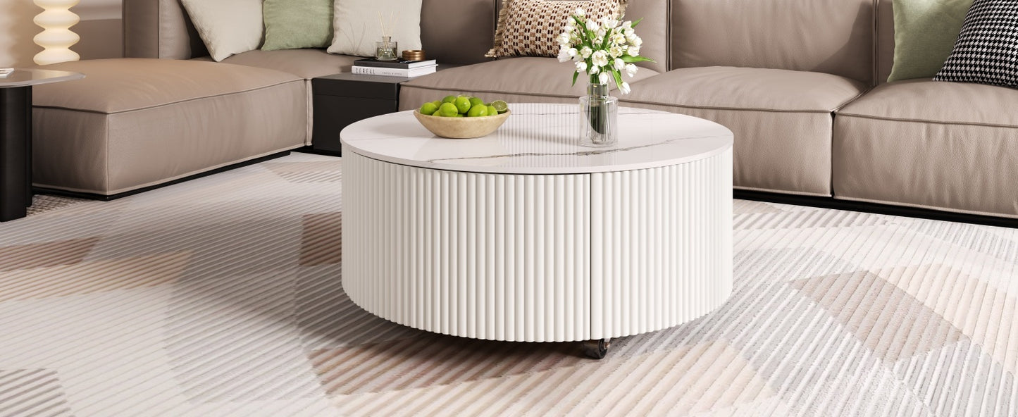 Modern Round Movable Coffee Table with Casters, 2 Drawers, Marble Pattern Sintered Stone Top, White, 29.5' Coffee Table