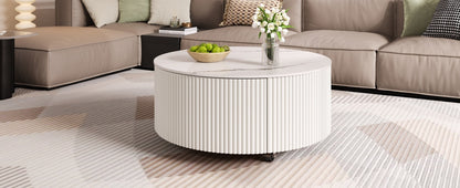 Modern Round Movable Coffee Table with Casters, 2 Drawers, Marble Pattern Sintered Stone Top, White, 29.5' Coffee Table