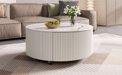 Modern Round Movable Coffee Table with Casters, 2 Drawers, Marble Pattern Sintered Stone Top, White, 29.5' Coffee Table