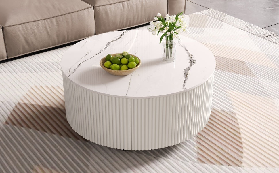 Modern Round Movable Coffee Table with Casters, 2 Drawers, Marble Pattern Sintered Stone Top, White, 29.5' Coffee Table