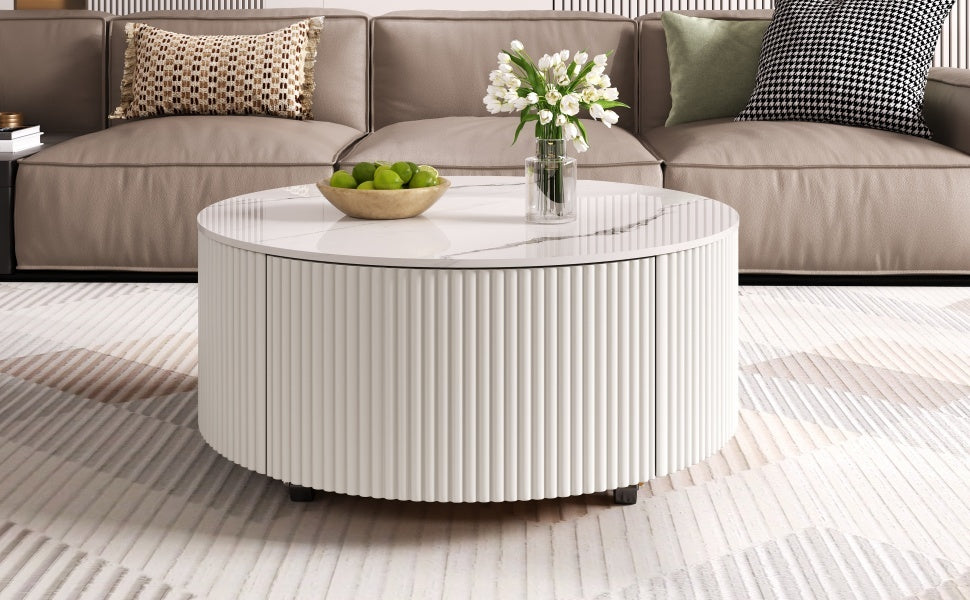 Modern Round Movable Coffee Table with Casters, 2 Drawers, Marble Pattern Sintered Stone Top, White, 29.5' Coffee Table