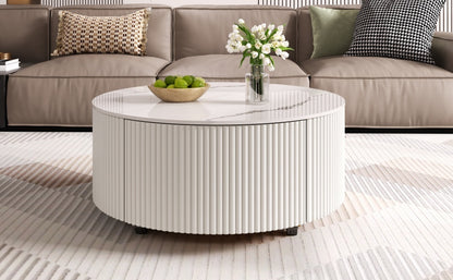 Modern Round Movable Coffee Table with Casters, 2 Drawers, Marble Pattern Sintered Stone Top, White, 29.5' Coffee Table