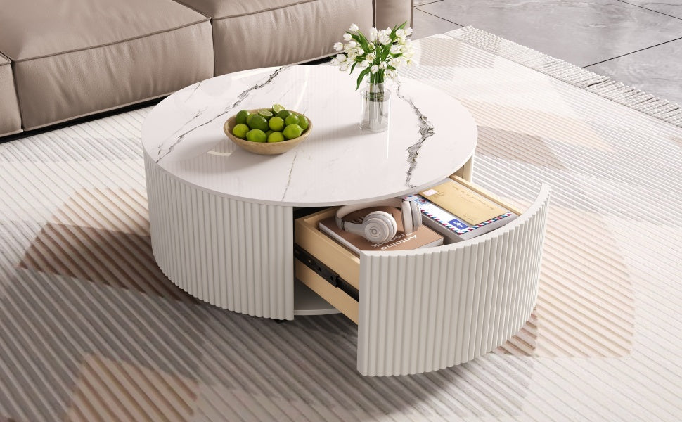 Modern Round Movable Coffee Table with Casters, 2 Drawers, Marble Pattern Sintered Stone Top, White, 29.5' Coffee Table