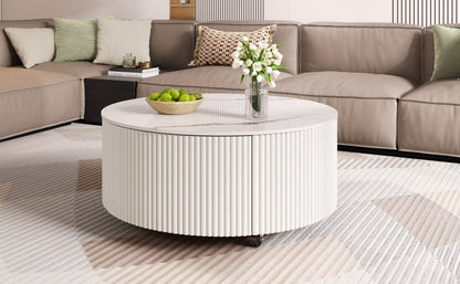 Modern Round Movable Coffee Table with Casters, 2 Drawers, Marble Pattern Sintered Stone Top, White, 29.5' Coffee Table