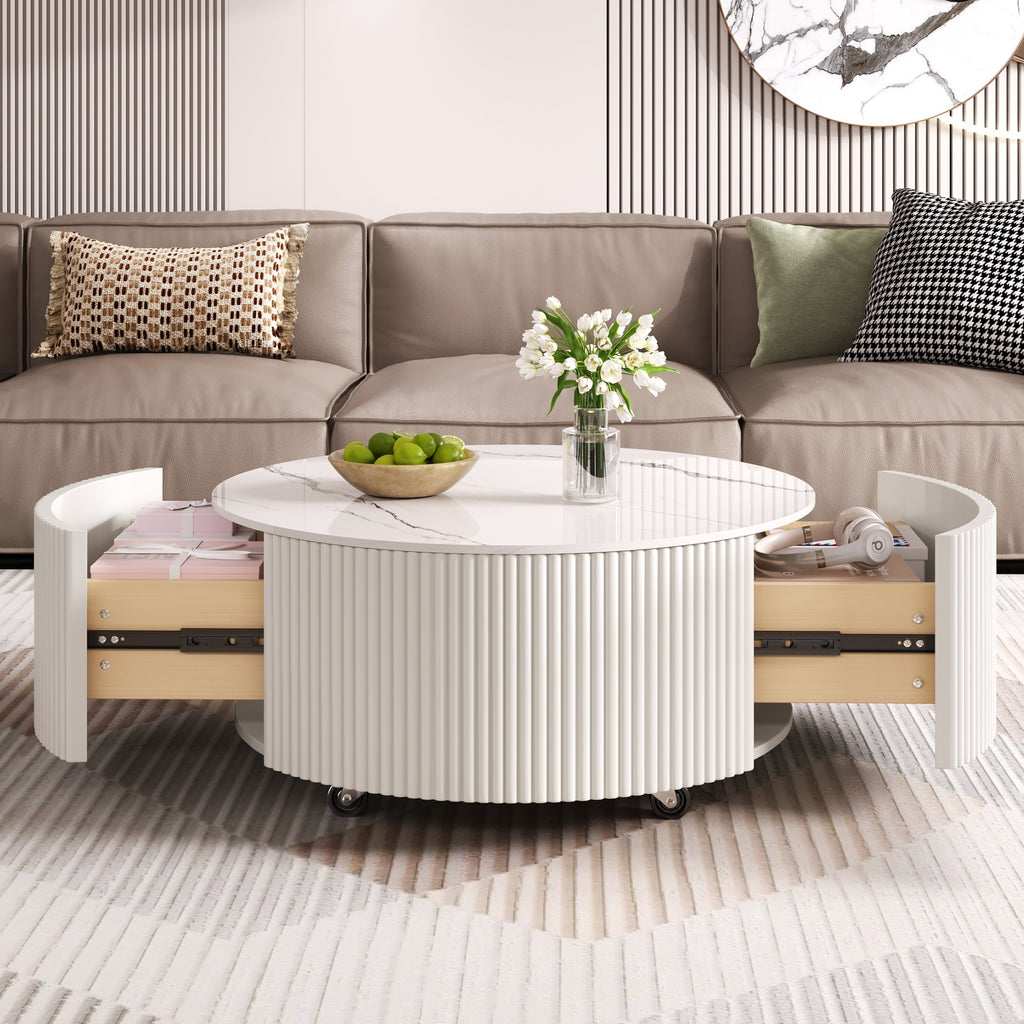 Modern Round Movable Coffee Table with Casters, 2 Drawers, Marble Pattern Sintered Stone Top, White, 29.5' Coffee Table