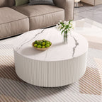 Modern Round Movable Coffee Table with Casters, 2 Drawers, Marble Pattern Sintered Stone Top, White, 29.5' Coffee Table