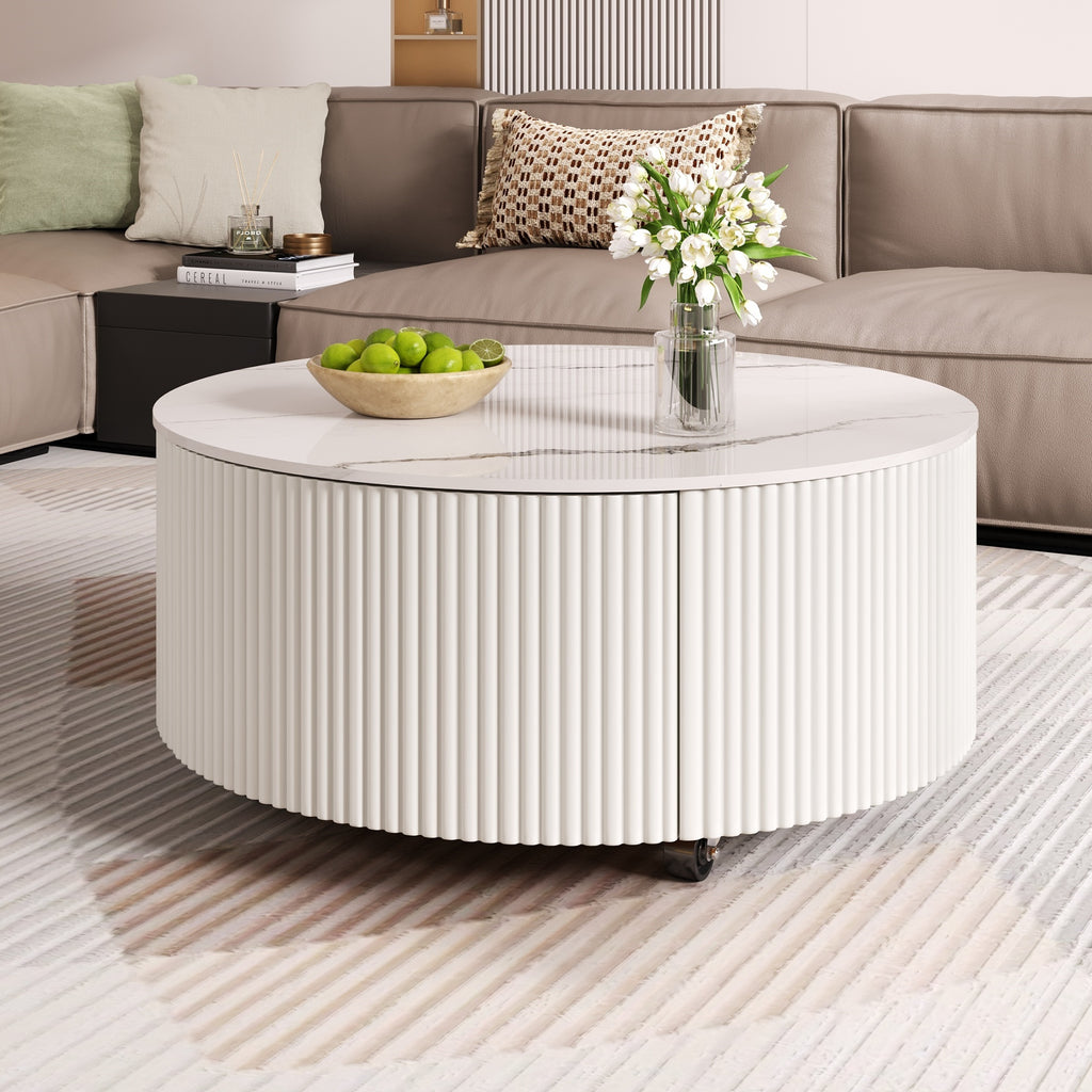 Modern Round Movable Coffee Table with Casters, 2 Drawers, Marble Pattern Sintered Stone Top, White, 29.5' Coffee Table