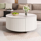 Modern Round Movable Coffee Table with Casters, 2 Drawers, Marble Pattern Sintered Stone Top, White, 29.5' Coffee Table