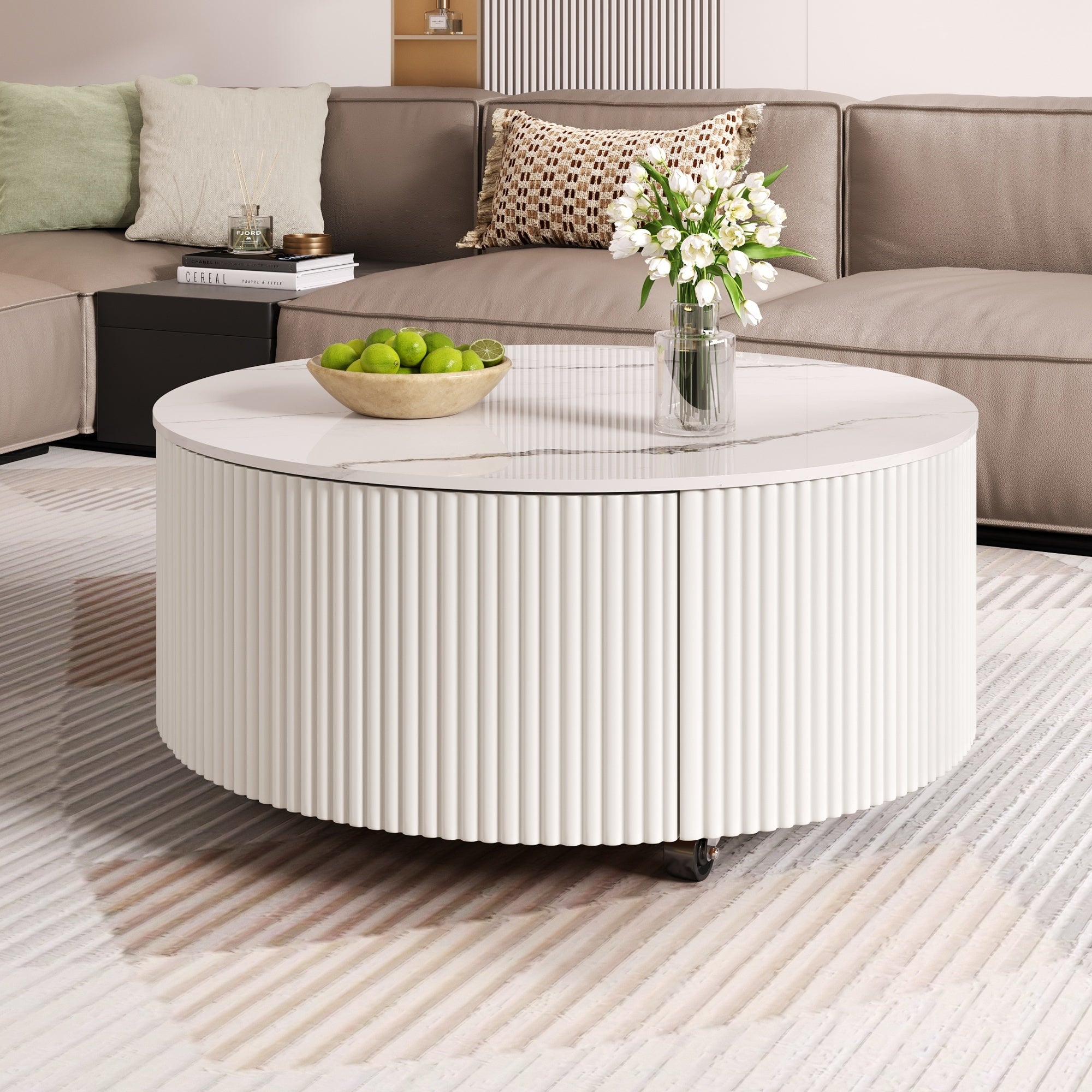 Modern Round Movable Coffee Table with Casters, 2 Drawers, Marble Pattern Sintered Stone Top, White, 29.5' Coffee Table