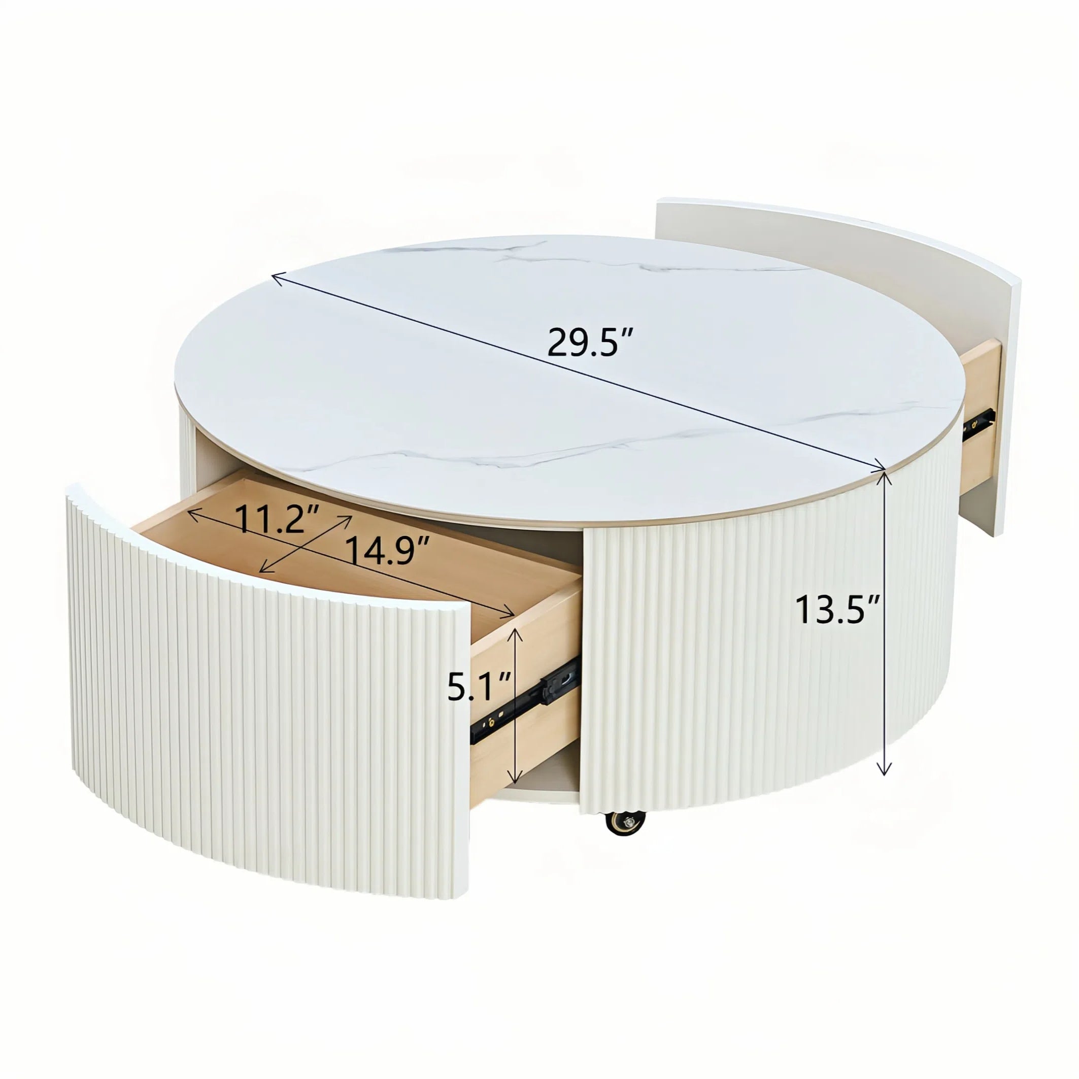 Modern Round Movable Coffee Table with Casters, 2 Drawers, Marble Pattern Sintered Stone Top, White, 29.5' Coffee Table