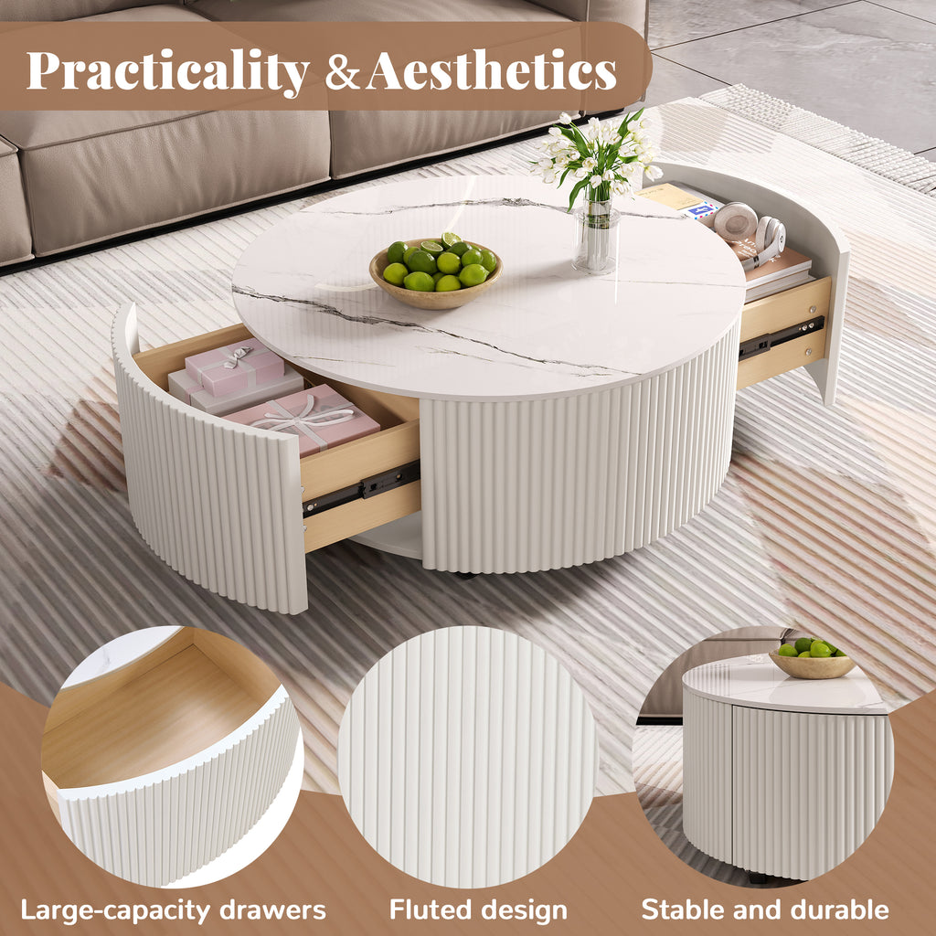 Modern Round Movable Coffee Table with Casters, 2 Drawers, Marble Pattern Sintered Stone Top, White, 29.5' Coffee Table