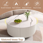 Modern Round Movable Coffee Table with Casters, 2 Drawers, Marble Pattern Sintered Stone Top, White, 29.5' Coffee Table