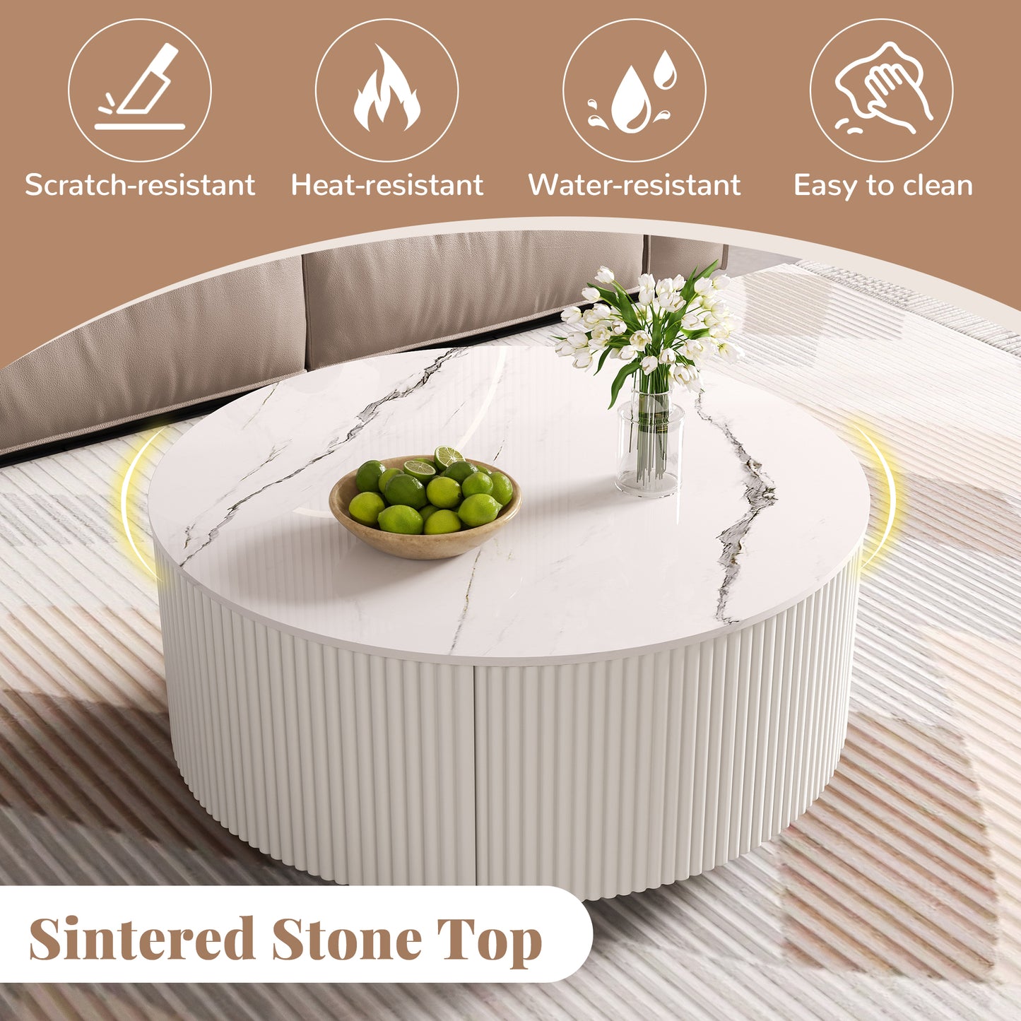 Modern Round Movable Coffee Table with Casters, 2 Drawers, Marble Pattern Sintered Stone Top, White, 29.5' Coffee Table