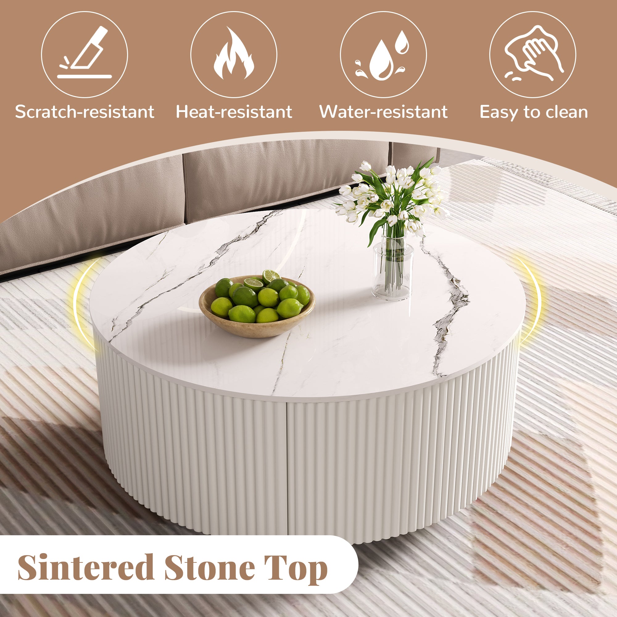 Modern Round Movable Coffee Table with Casters, 2 Drawers, Marble Pattern Sintered Stone Top, White, 29.5' Coffee Table