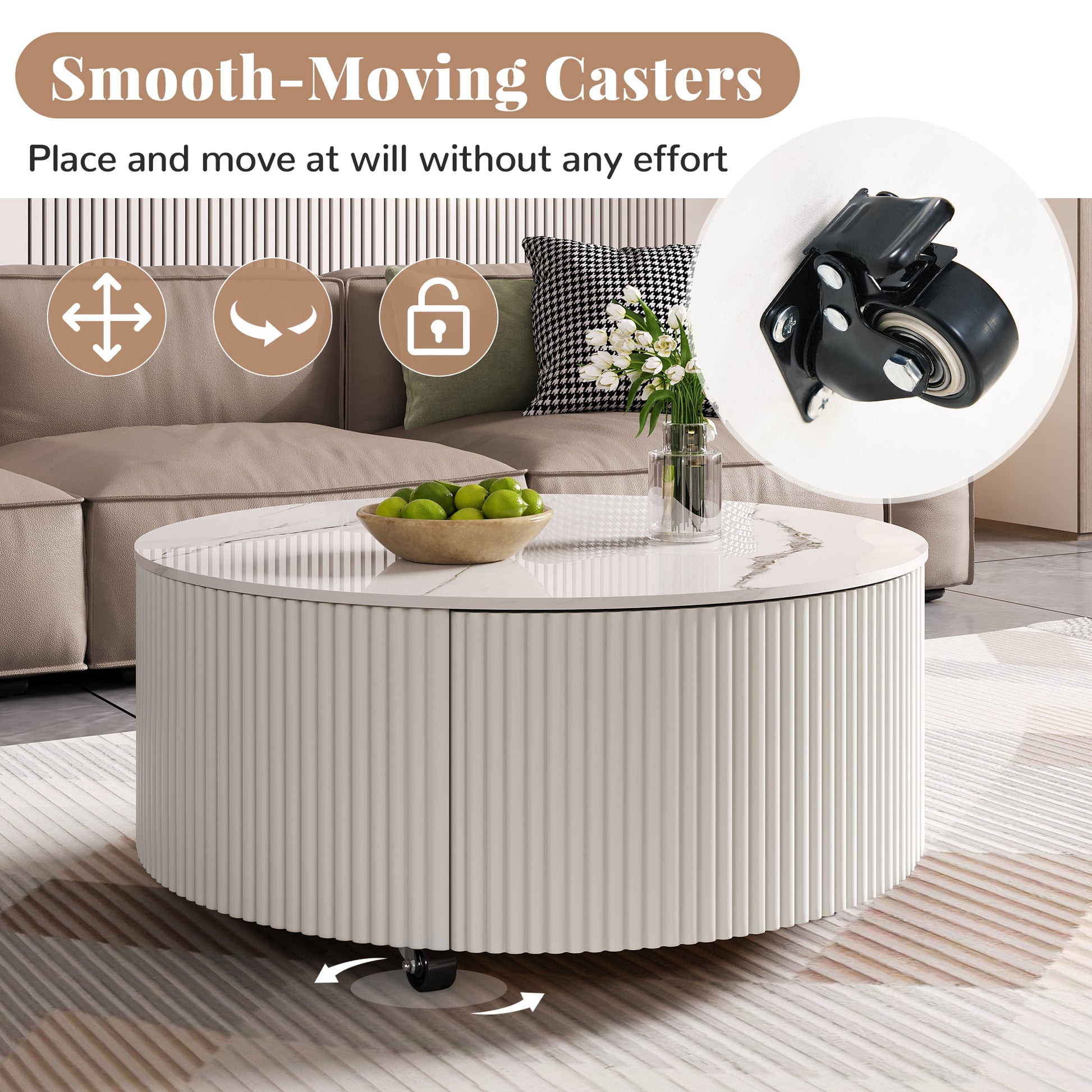 Modern Round Movable Coffee Table with Casters, 2 Drawers, Marble Pattern Sintered Stone Top, White, 29.5' Coffee Table