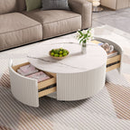 Modern Round Movable Coffee Table with Casters, 2 Drawers, Marble Pattern Sintered Stone Top, White, 29.5' Coffee Table