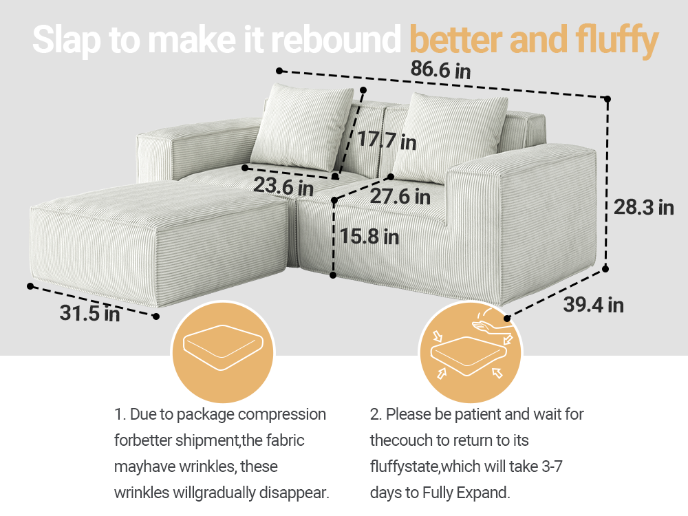 modular sofa can be converted into an oversized sofa bed Free conversion sofa set flexible configuration, soft corduroy cloud velvet fabric two person combination with footrest -white