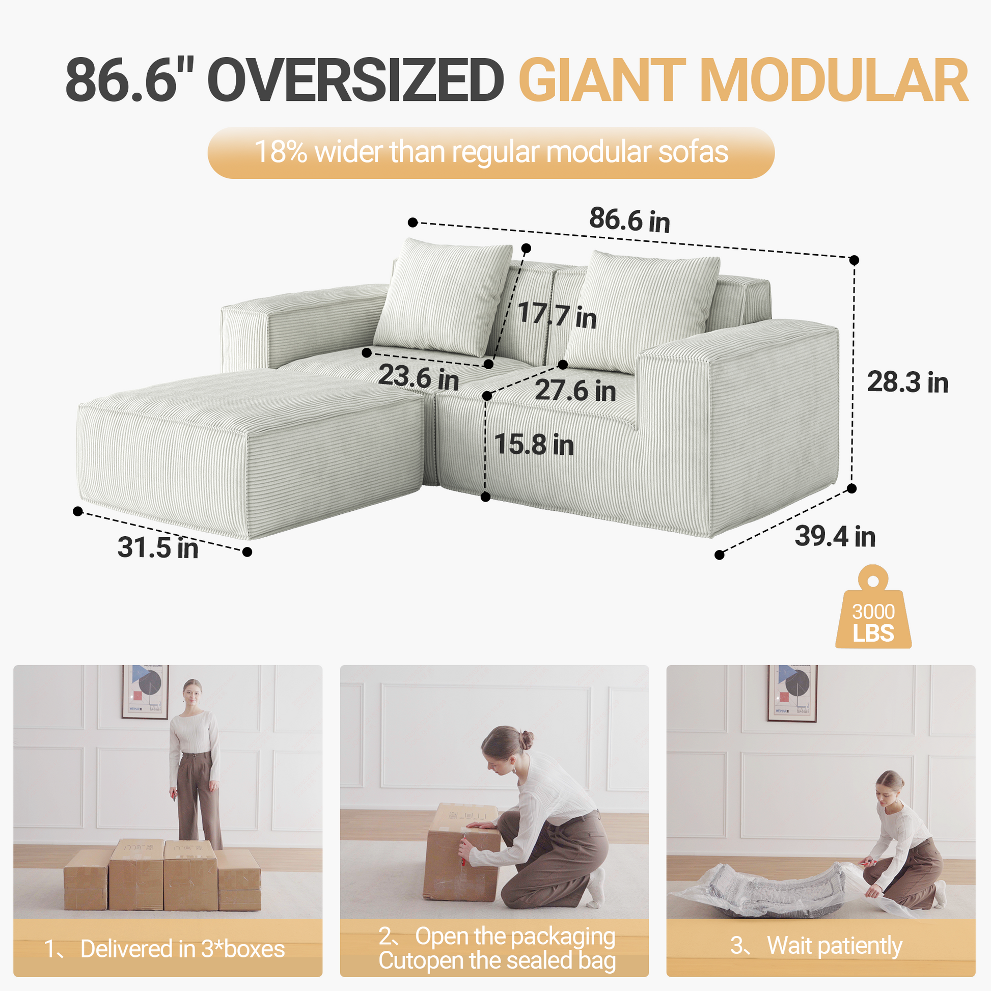 modular sofa can be converted into an oversized sofa bed Free conversion sofa set flexible configuration, soft corduroy cloud velvet fabric two person combination with footrest -white