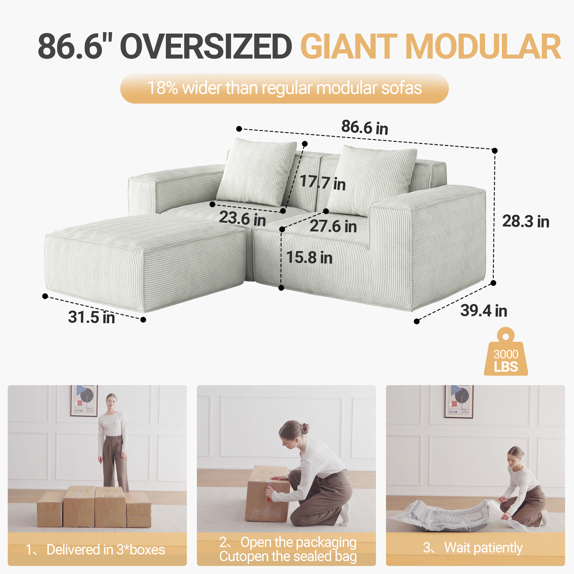 modular sofa can be converted into an oversized sofa bed Free conversion sofa set flexible configuration, soft corduroy cloud velvet fabric two person combination with footrest -white