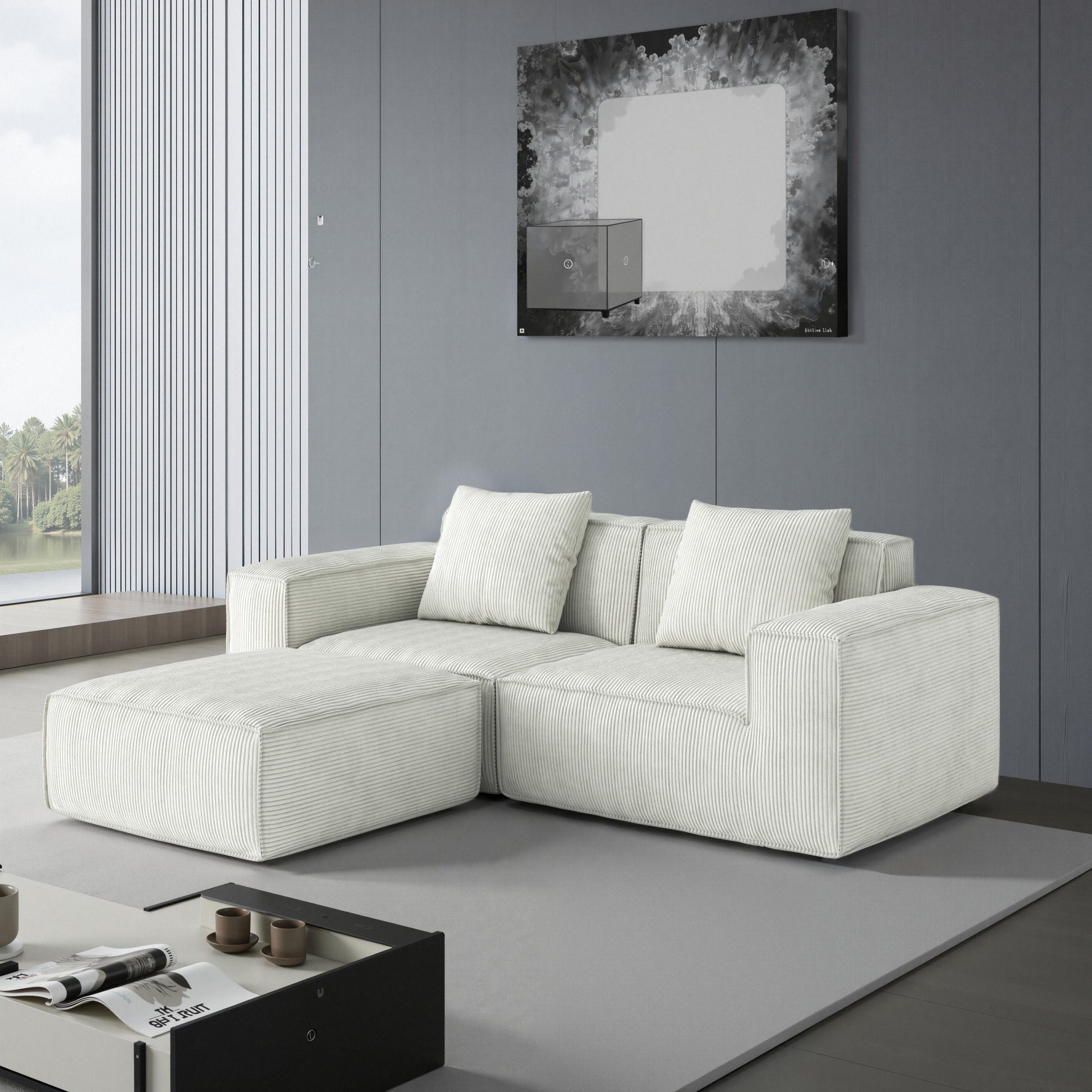 modular sofa can be converted into an oversized sofa bed Free conversion sofa set flexible configuration, soft corduroy cloud velvet fabric two person combination with footrest -white