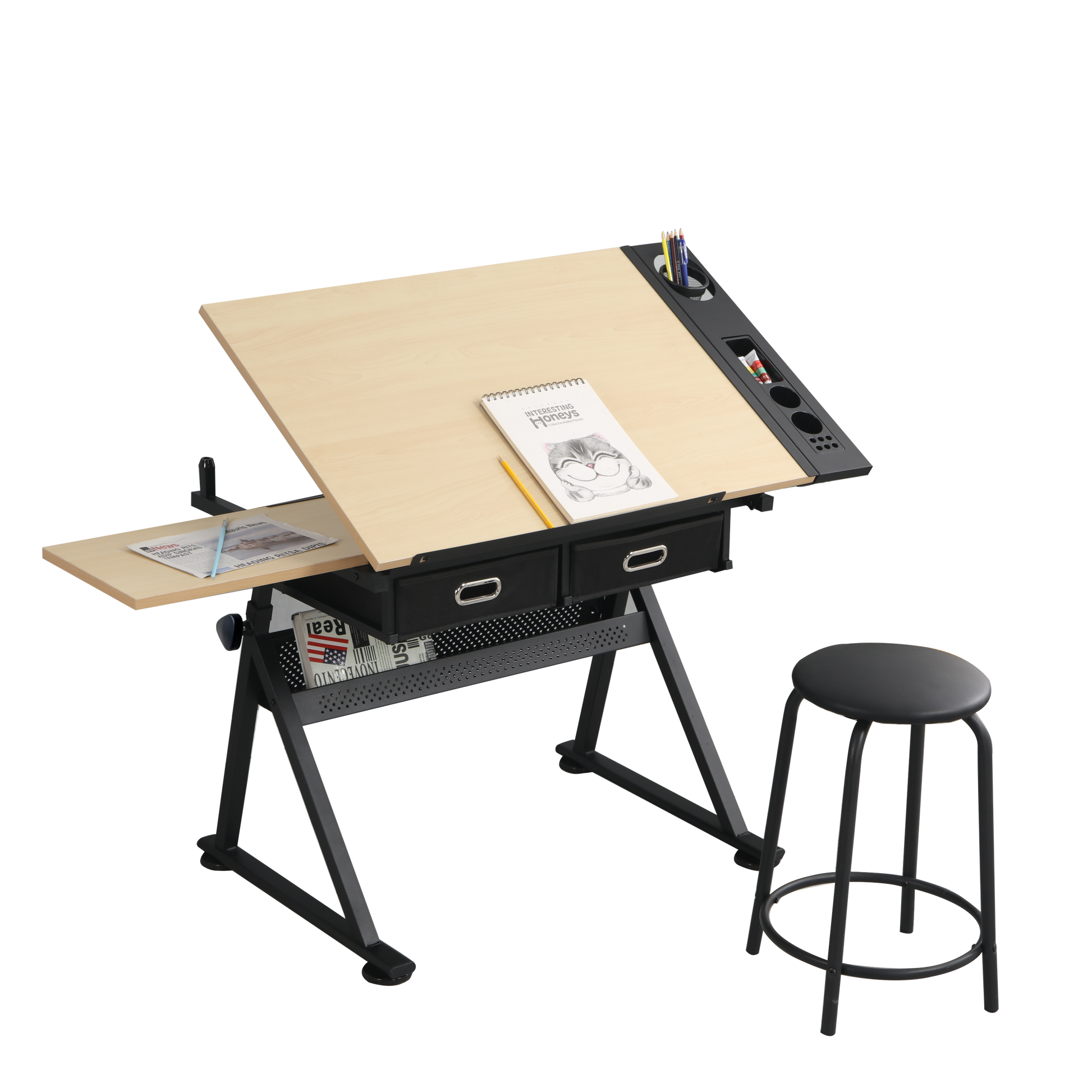 adjustable drawing drafting table desk with 2 drawers for home office and school with stool(wood)