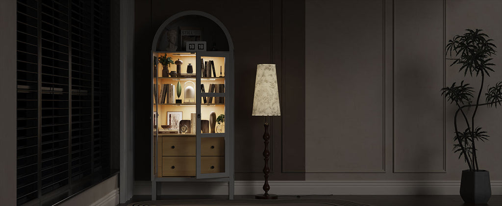 Modern Arched Cabinet with Glass Doors,72' Tall Auto Sensor Light Farmhouse Arch Storage Cabinet with Height Adjustable Shelf and 2 Drawers Display Bookshelf in White Oak Wood Grain Bookshelf