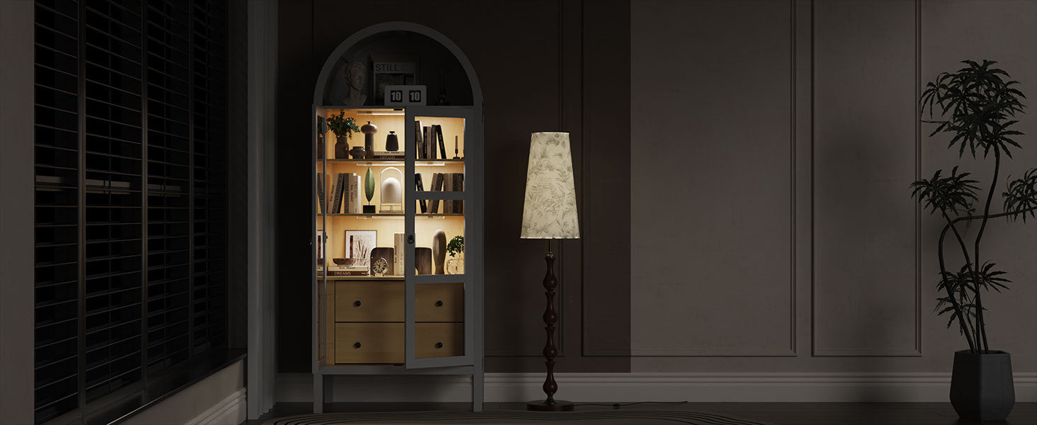 Modern Arched Cabinet with Glass Doors,72' Tall Auto Sensor Light Farmhouse Arch Storage Cabinet with Height Adjustable Shelf and 2 Drawers Display Bookshelf in White Oak Wood Grain Bookshelf