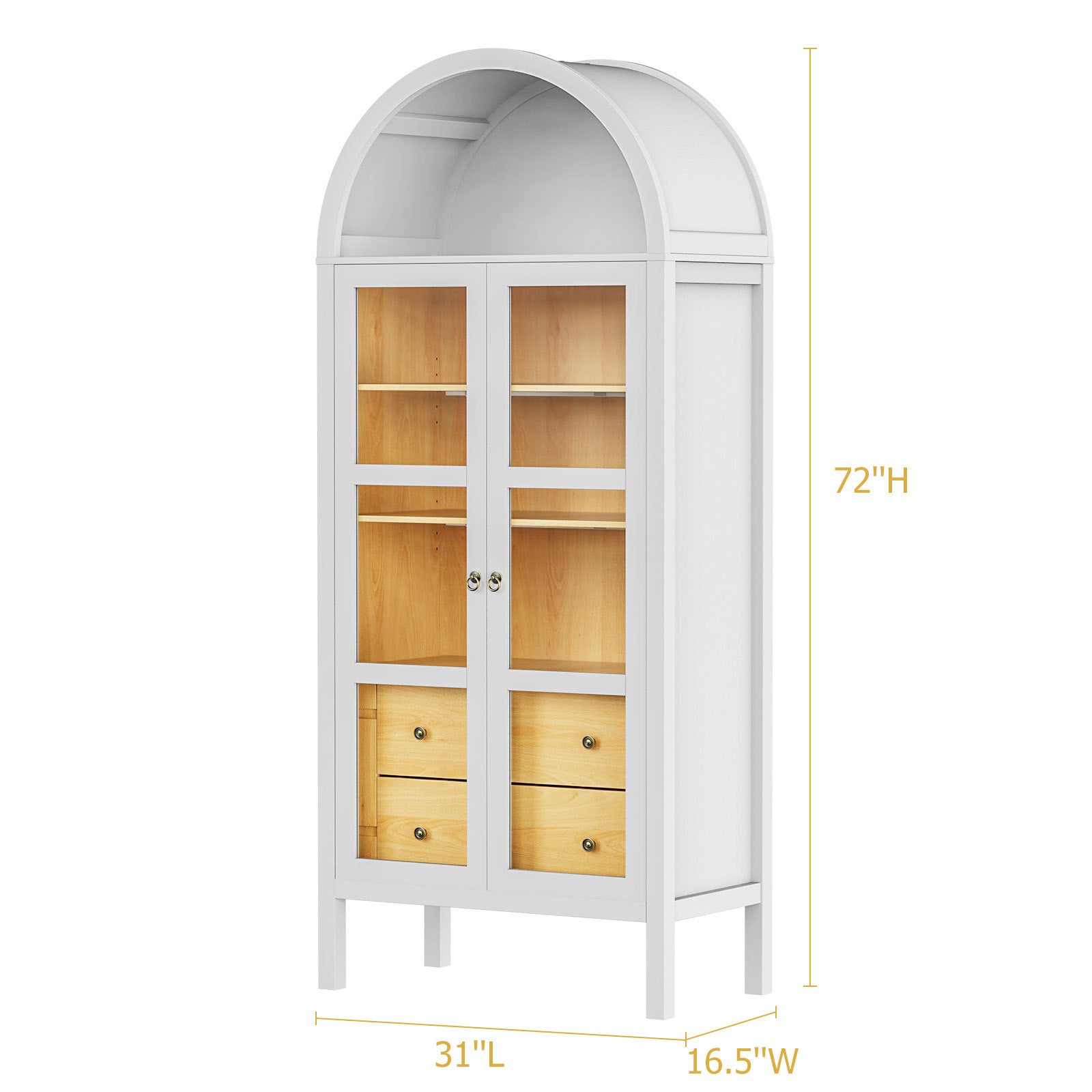 Modern Arched Cabinet with Glass Doors,72' Tall Auto Sensor Light Farmhouse Arch Storage Cabinet with Height Adjustable Shelf and 2 Drawers Display Bookshelf in White Oak Wood Grain Bookshelf