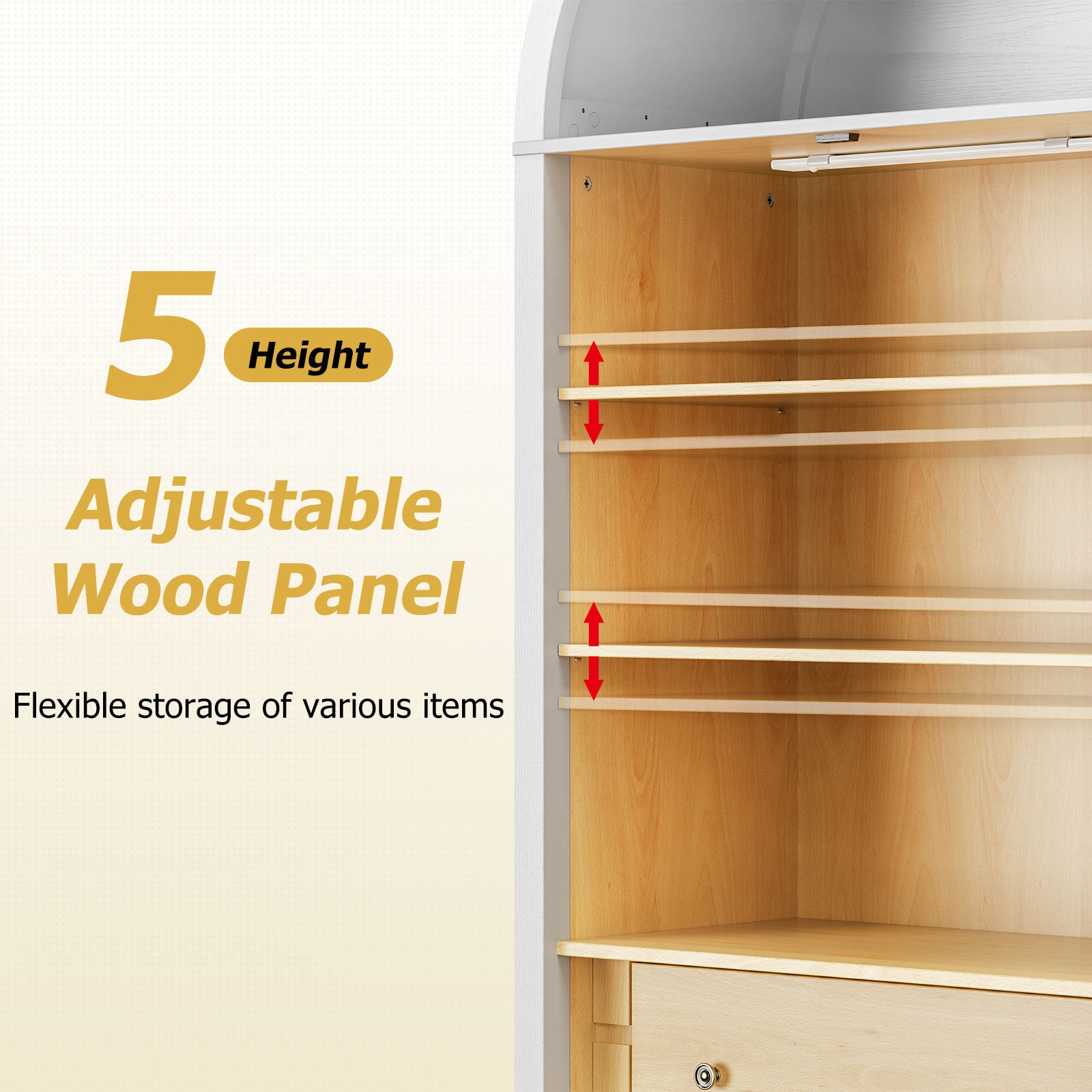 Modern Arched Cabinet with Glass Doors,72' Tall Auto Sensor Light Farmhouse Arch Storage Cabinet with Height Adjustable Shelf and 2 Drawers Display Bookshelf in White Oak Wood Grain Bookshelf