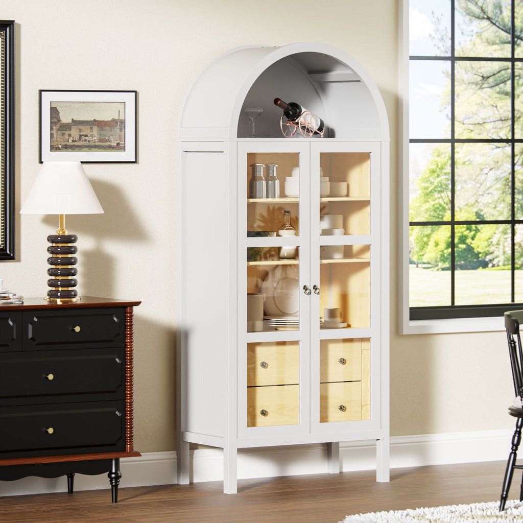 Modern Arched Cabinet with Glass Doors,72' Tall Auto Sensor Light Farmhouse Arch Storage Cabinet with Height Adjustable Shelf and 2 Drawers Display Bookshelf in White Oak Wood Grain Bookshelf