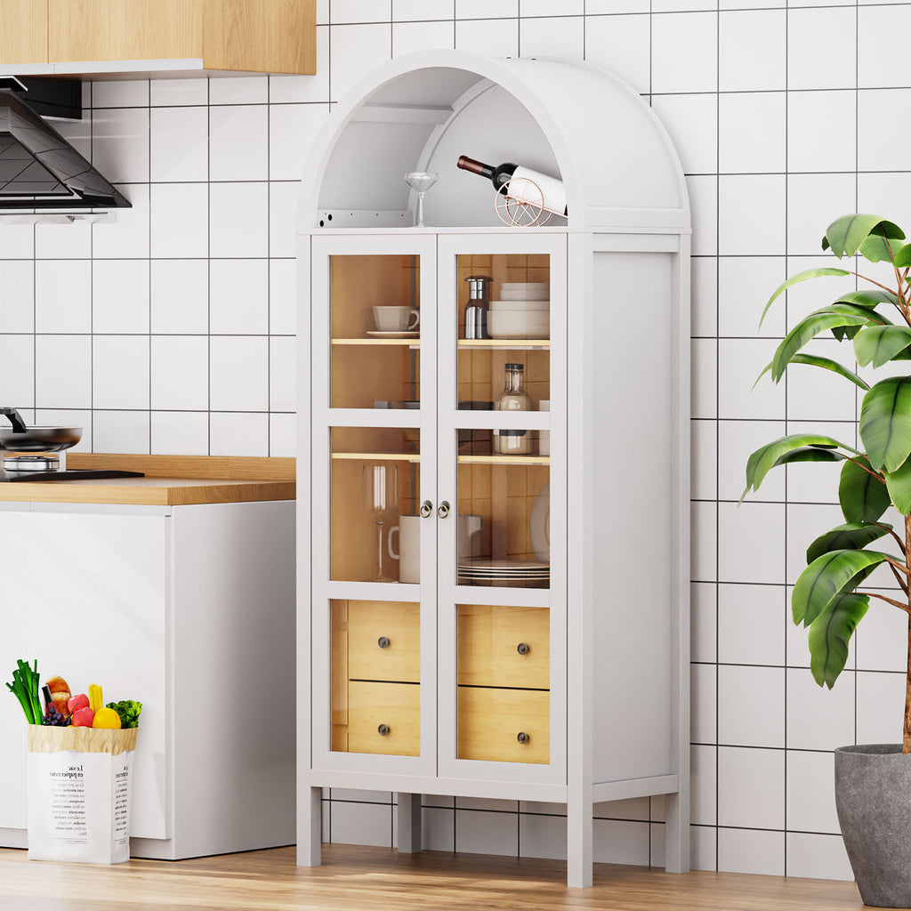 Modern Arched Cabinet with Glass Doors,72' Tall Auto Sensor Light Farmhouse Arch Storage Cabinet with Height Adjustable Shelf and 2 Drawers Display Bookshelf in White Oak Wood Grain Bookshelf