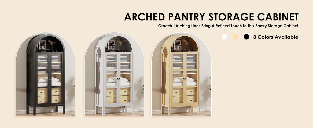 Modern Arched Cabinet with Glass Doors,72' Tall Auto Sensor Light Farmhouse Arch Storage Cabinet with Height Adjustable Shelf and 2 Drawers Display Bookshelf in White Oak Wood Grain Bookshelf