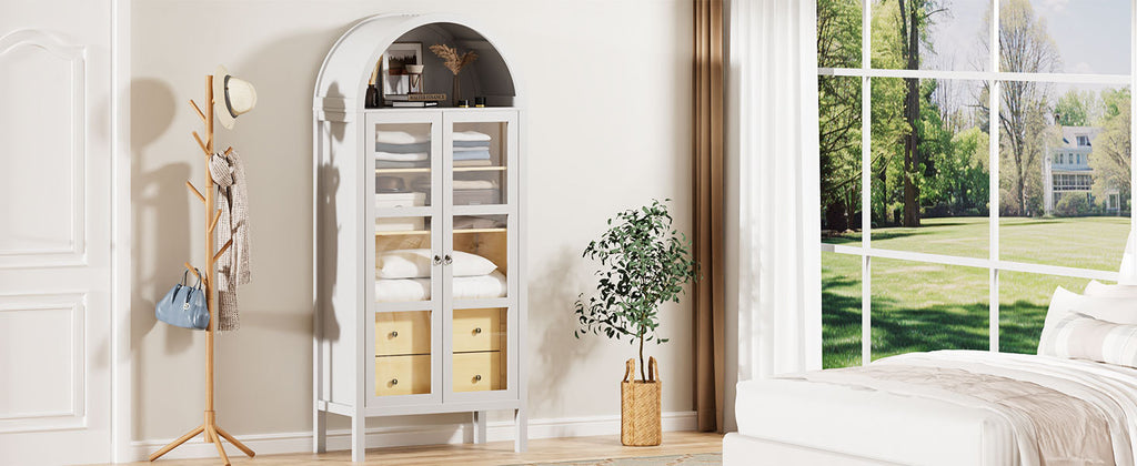 Modern Arched Cabinet with Glass Doors,72' Tall Auto Sensor Light Farmhouse Arch Storage Cabinet with Height Adjustable Shelf and 2 Drawers Display Bookshelf in White Oak Wood Grain Bookshelf