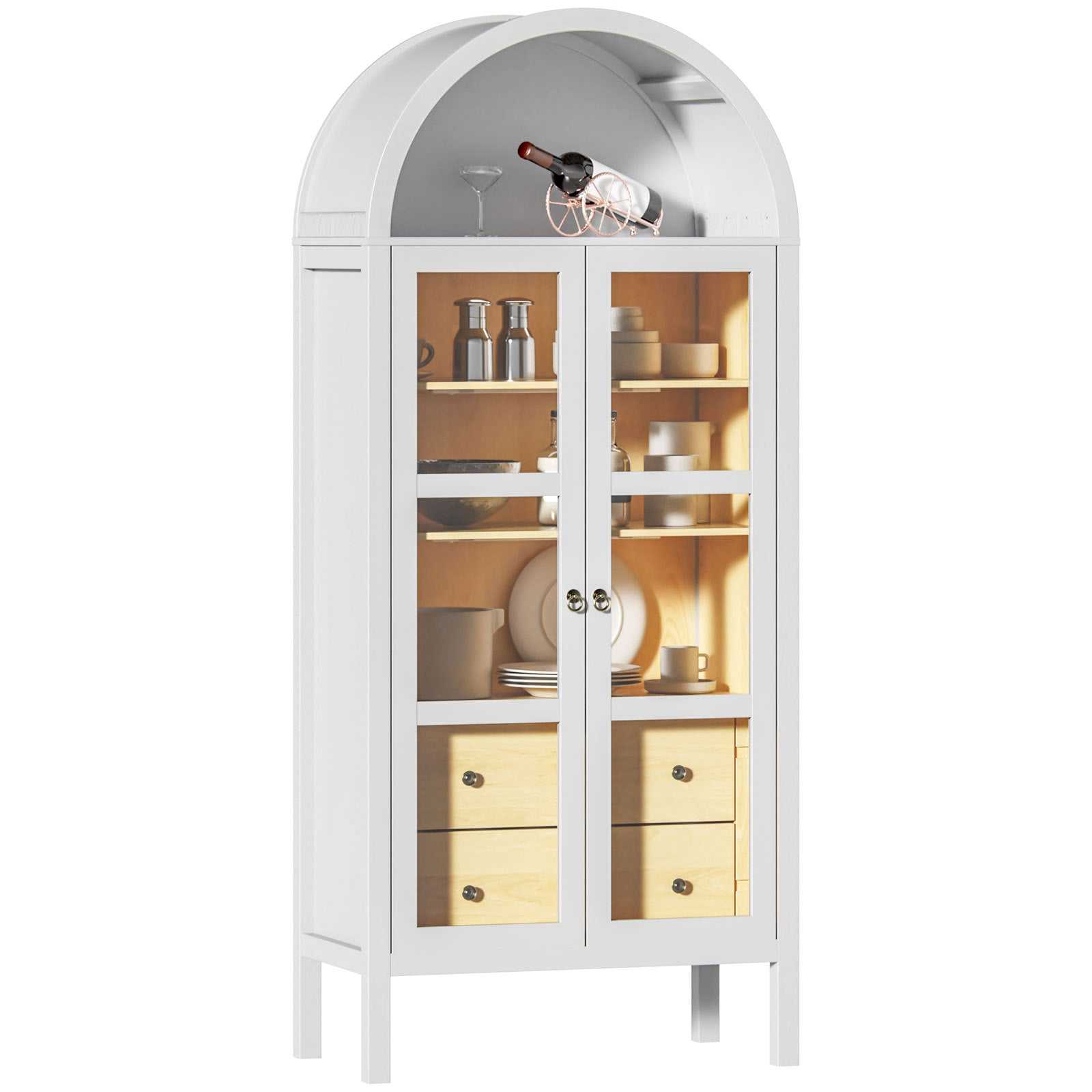 Modern Arched Cabinet with Glass Doors,72' Tall Auto Sensor Light Farmhouse Arch Storage Cabinet with Height Adjustable Shelf and 2 Drawers Display Bookshelf in White Oak Wood Grain Bookshelf