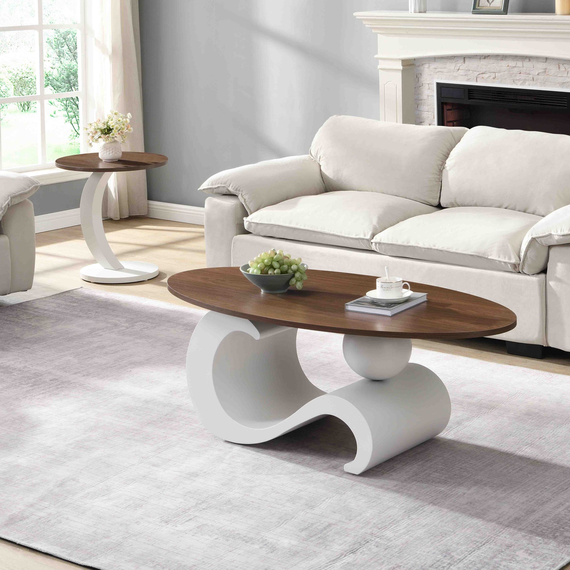 White Nesting Coffee Table Set of 2, Oral and Round Coffee Table Set, Table for Living Room, Large 47.24'', Small 19.69''