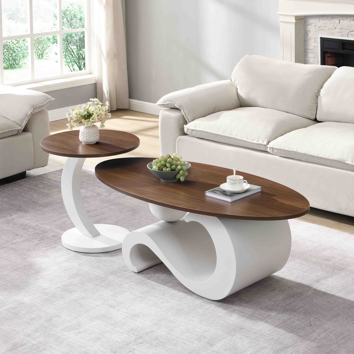 White Nesting Coffee Table Set of 2, Oral and Round Coffee Table Set, Table for Living Room, Large 47.24'', Small 19.69''