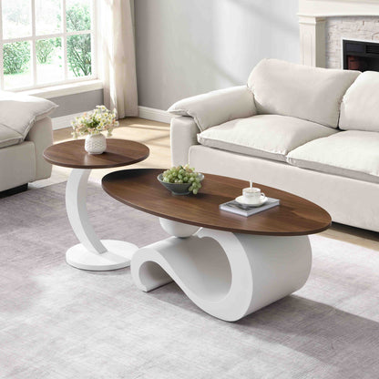 White Nesting Coffee Table Set of 2, Oral and Round Coffee Table Set, Table for Living Room, Large 47.24'', Small 19.69''