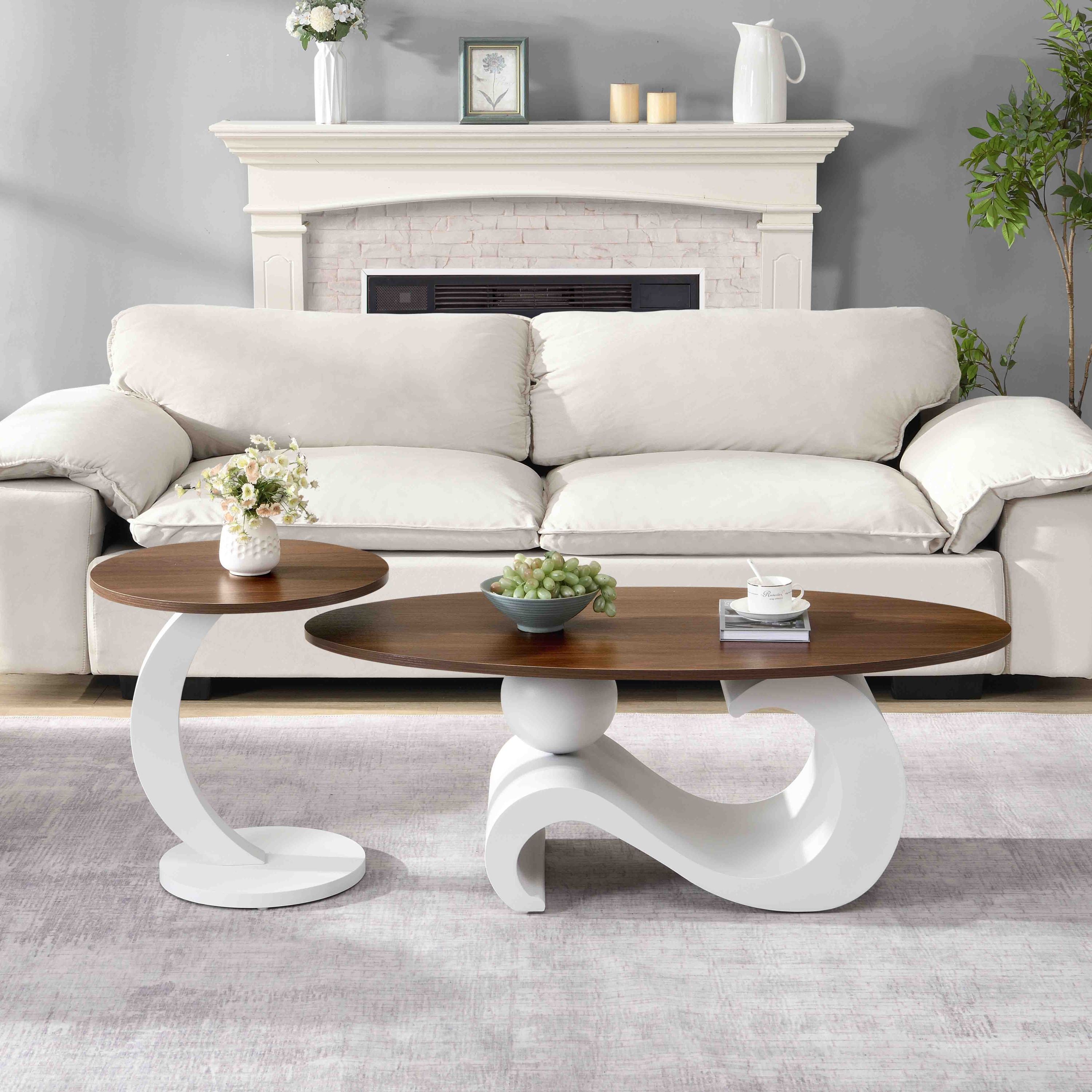 White Nesting Coffee Table Set of 2, Oral and Round Coffee Table Set, Table for Living Room, Large 47.24'', Small 19.69''