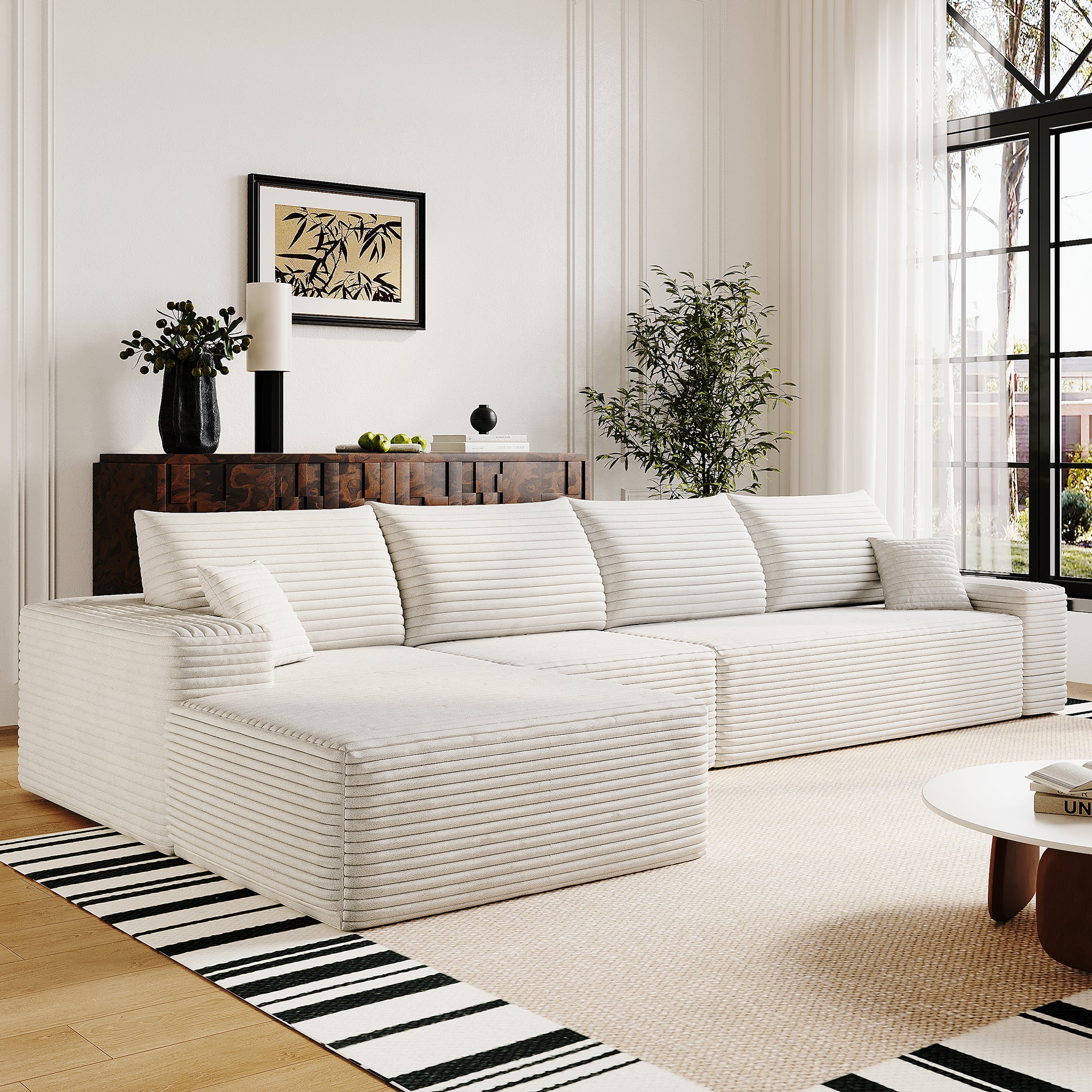 135' Cloud Sectional Couch with L-Shape Chaise,Modern Modular Sofa with Deep Seat, Upholstered Couches for Living Room Bedroom,No Assembly Required, (Plush Corduroy Fabric),White Sectional Sofa