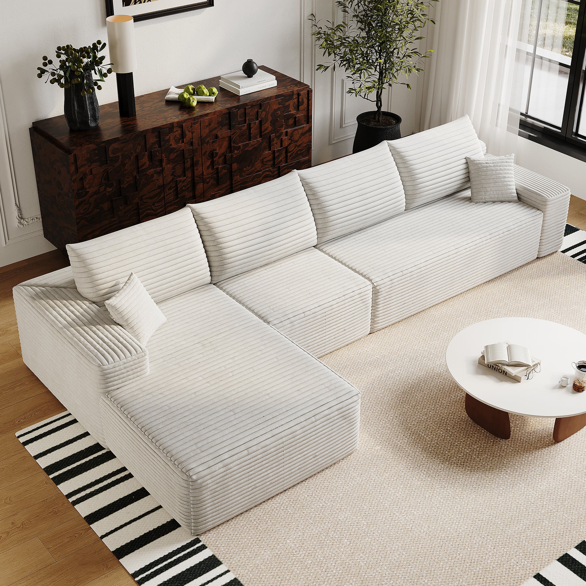 135' Cloud Sectional Couch with L-Shape Chaise,Modern Modular Sofa with Deep Seat, Upholstered Couches for Living Room Bedroom,No Assembly Required, (Plush Corduroy Fabric),White Sectional Sofa