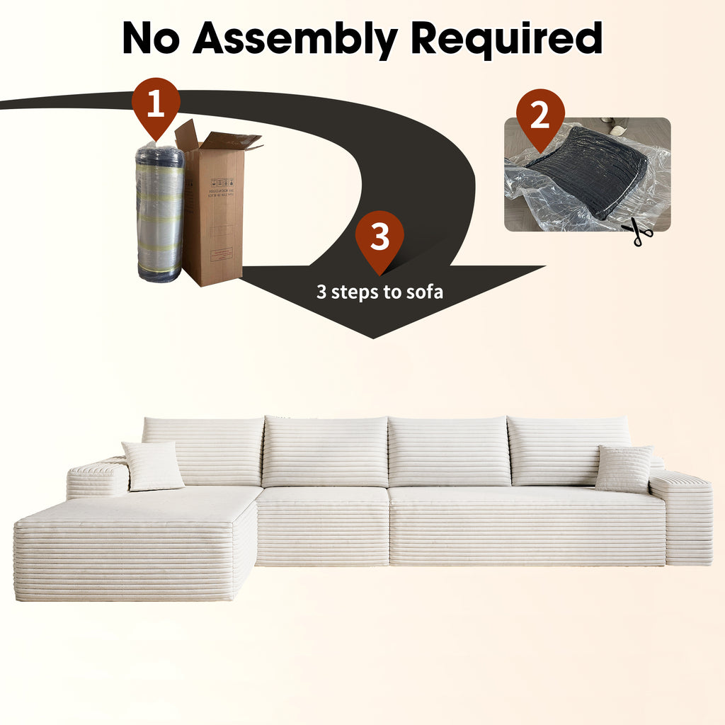 135' Cloud Sectional Couch with L-Shape Chaise,Modern Modular Sofa with Deep Seat, Upholstered Couches for Living Room Bedroom,No Assembly Required, (Plush Corduroy Fabric),White Sectional Sofa