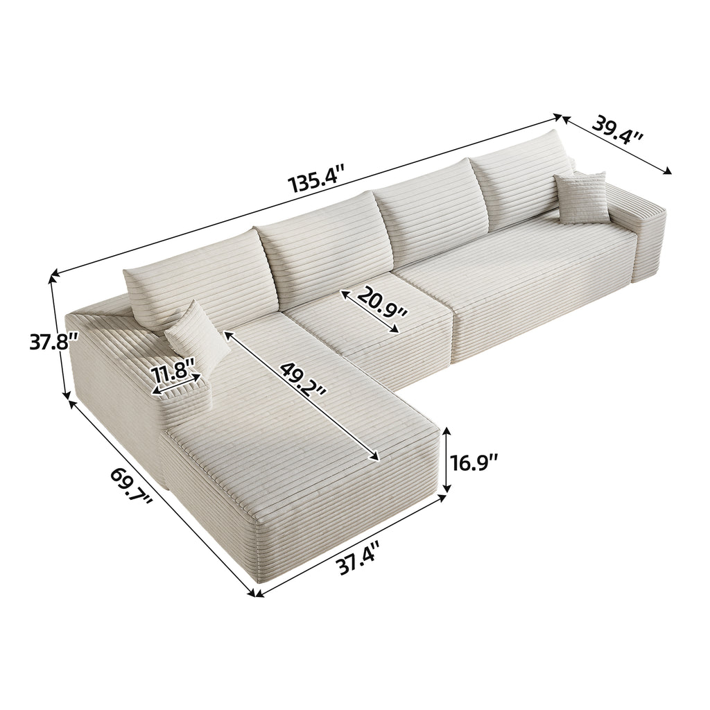 135' Cloud Sectional Couch with L-Shape Chaise,Modern Modular Sofa with Deep Seat, Upholstered Couches for Living Room Bedroom,No Assembly Required, (Plush Corduroy Fabric),White Sectional Sofa