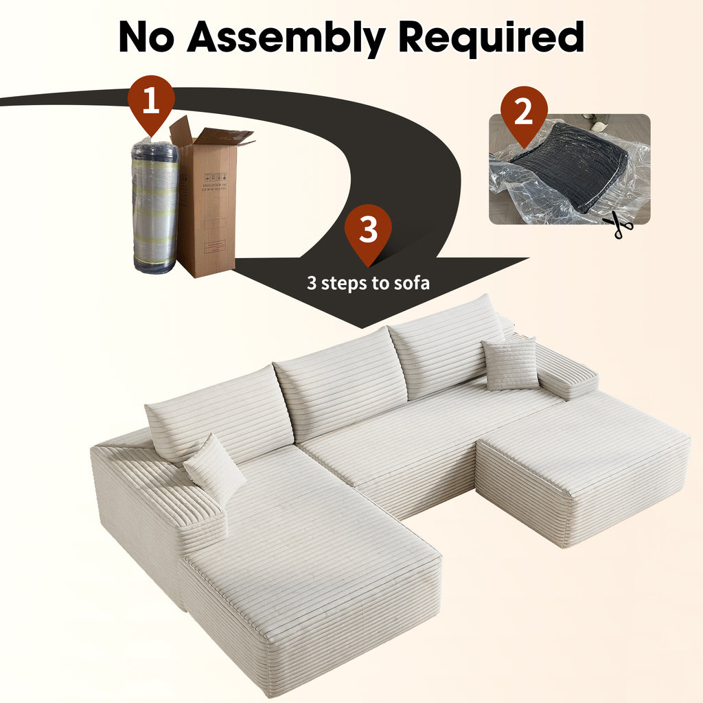 107'Cloud Sectional Sofa with 1 Ottoman,Modern Minimalist Upholstered Couches,Comfort U Shaped Sofa for Living Room,Deep Seat Corner Couch,No Assembly Required (Plush Corduroy Fabric),White Sectional Sofa