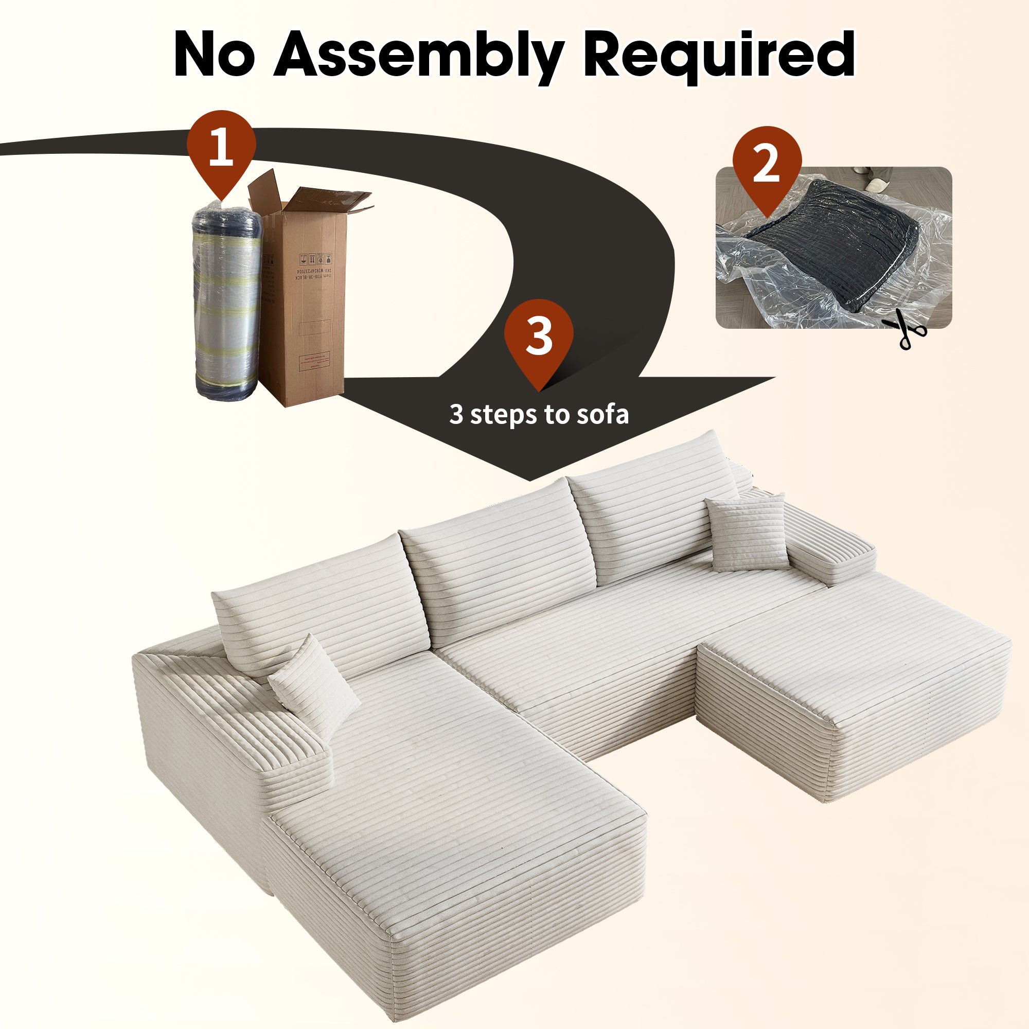 107'Cloud Sectional Sofa with 1 Ottoman,Modern Minimalist Upholstered Couches,Comfort U Shaped Sofa for Living Room,Deep Seat Corner Couch,No Assembly Required (Plush Corduroy Fabric),White Sectional Sofa