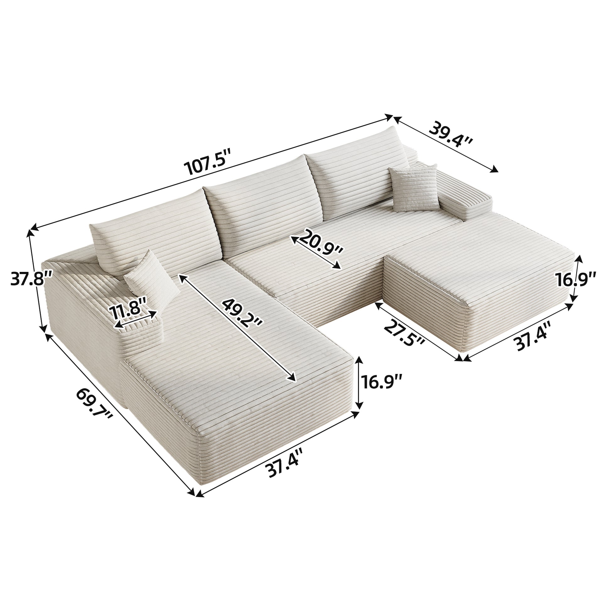 107'Cloud Sectional Sofa with 1 Ottoman,Modern Minimalist Upholstered Couches,Comfort U Shaped Sofa for Living Room,Deep Seat Corner Couch,No Assembly Required (Plush Corduroy Fabric),White Sectional Sofa