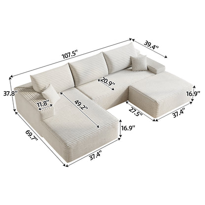 107'Cloud Sectional Sofa with 1 Ottoman,Modern Minimalist Upholstered Couches,Comfort U Shaped Sofa for Living Room,Deep Seat Corner Couch,No Assembly Required (Plush Corduroy Fabric),White Sectional Sofa