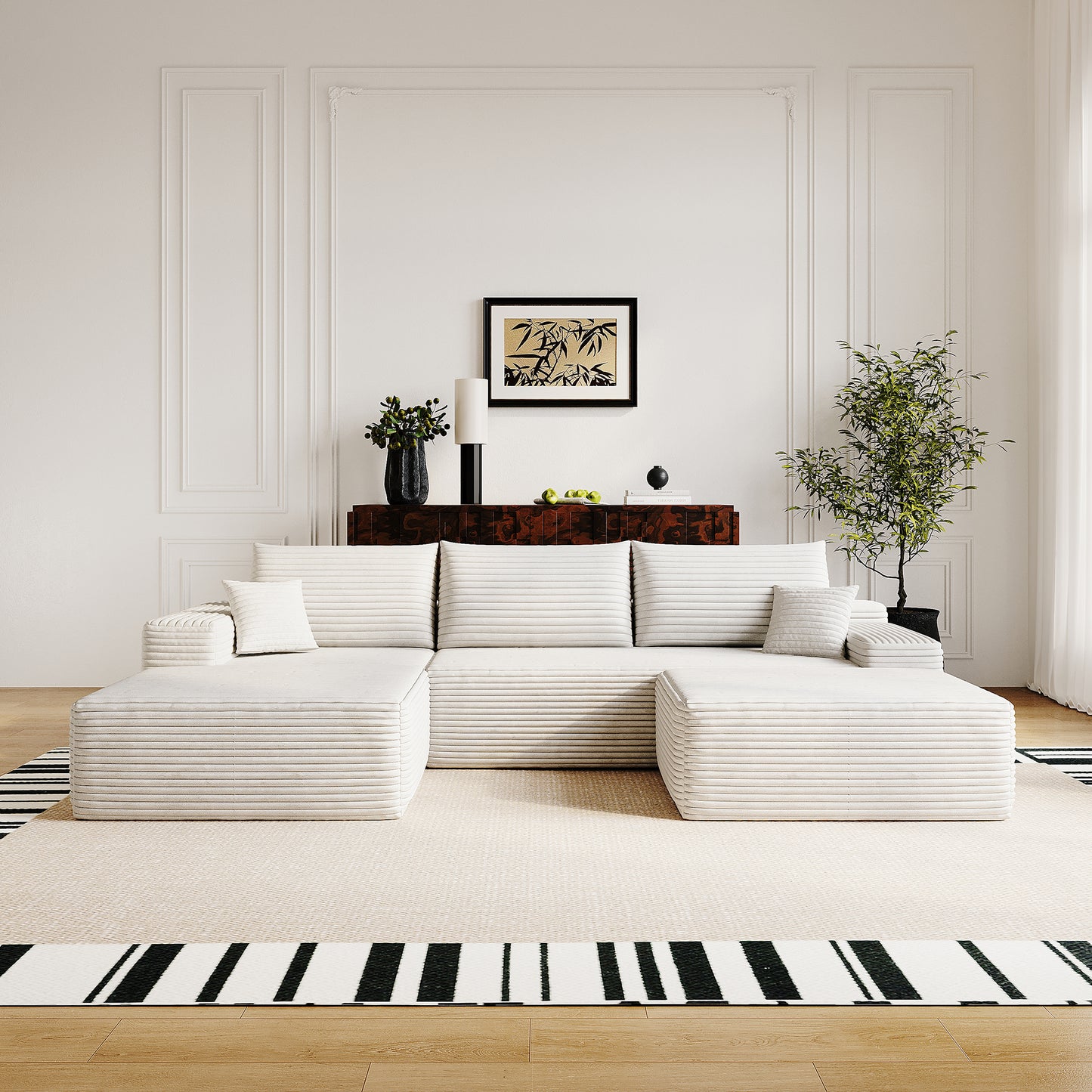 107'Cloud Sectional Sofa with 1 Ottoman,Modern Minimalist Upholstered Couches,Comfort U Shaped Sofa for Living Room,Deep Seat Corner Couch,No Assembly Required (Plush Corduroy Fabric),White Sectional Sofa