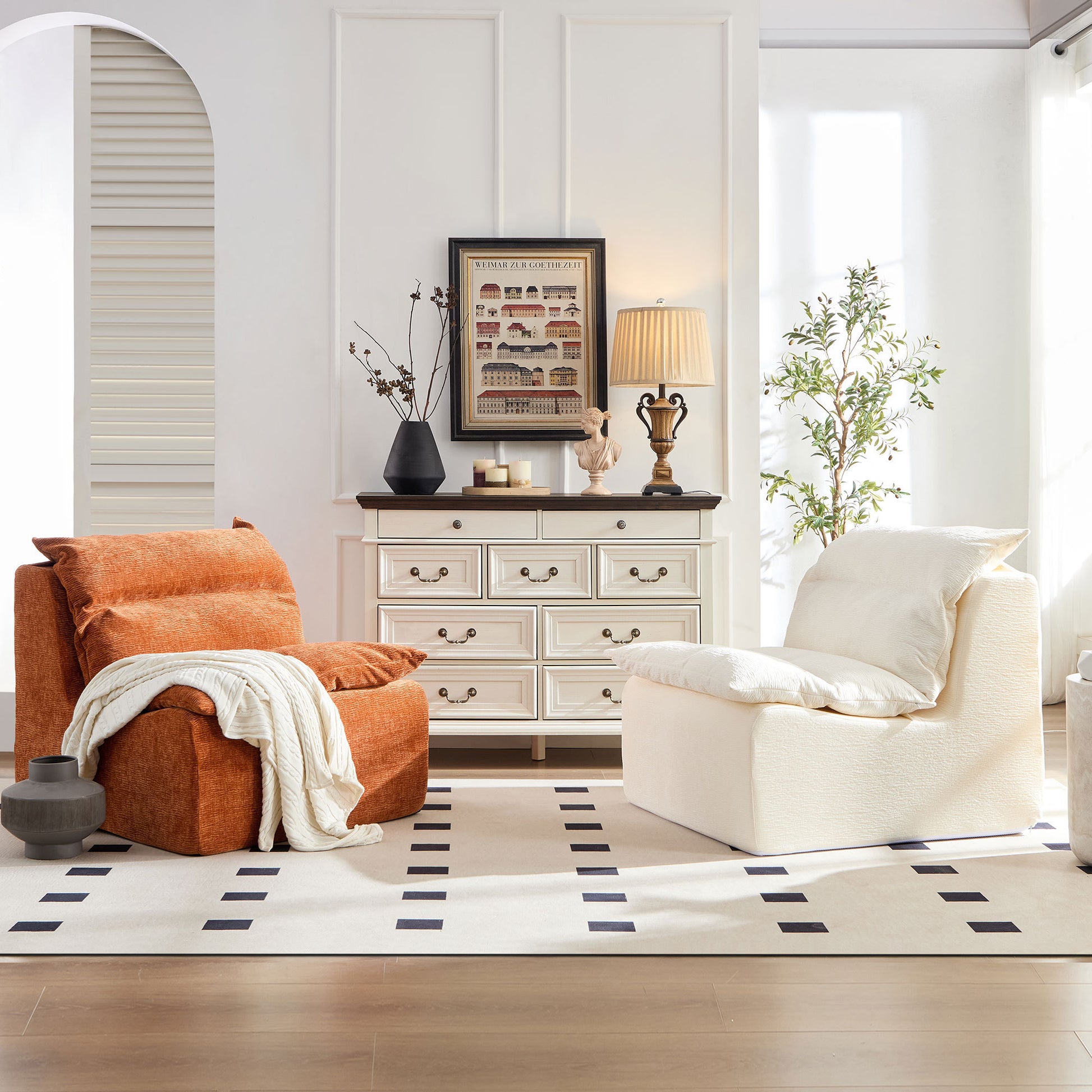 Accent Armless Chair Lazy Floor Seating, Leisure Accent Single Couch with Backrest Fireside Chair Sofa Lounger for Living Room, Bedroom, Office, Single Seat, WHITE