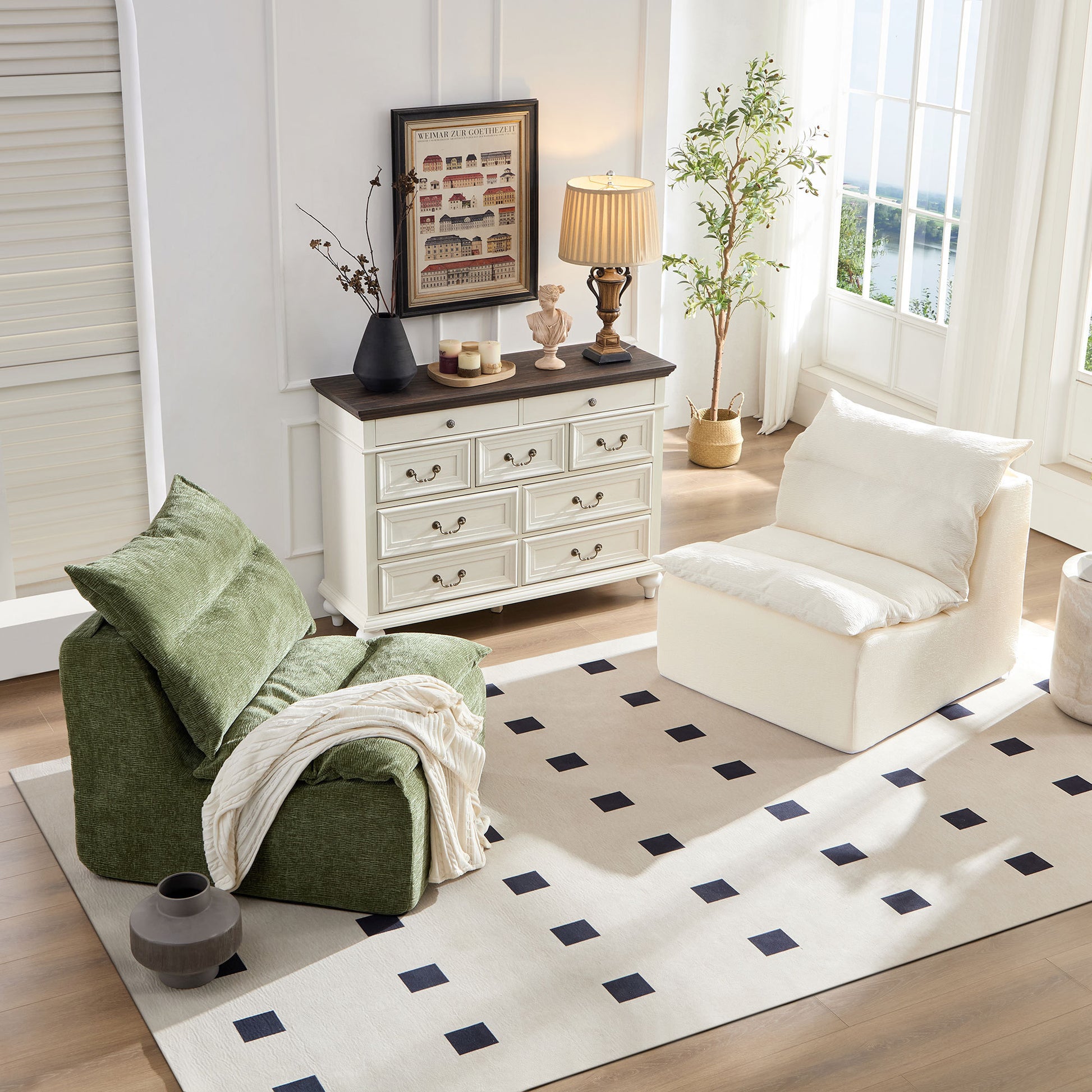 Accent Armless Chair Lazy Floor Seating, Leisure Accent Single Couch with Backrest Fireside Chair Sofa Lounger for Living Room, Bedroom, Office, Single Seat, WHITE