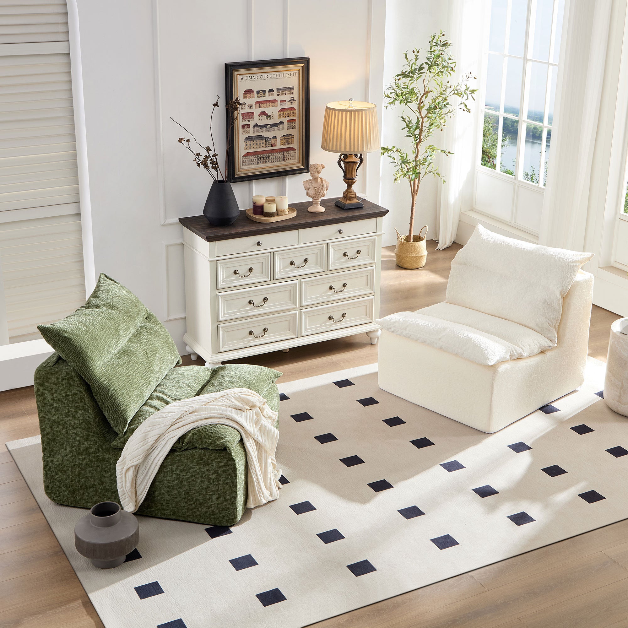 Accent Armless Chair Lazy Floor Seating, Leisure Accent Single Couch with Backrest Fireside Chair Sofa Lounger for Living Room, Bedroom, Office, Single Seat, WHITE